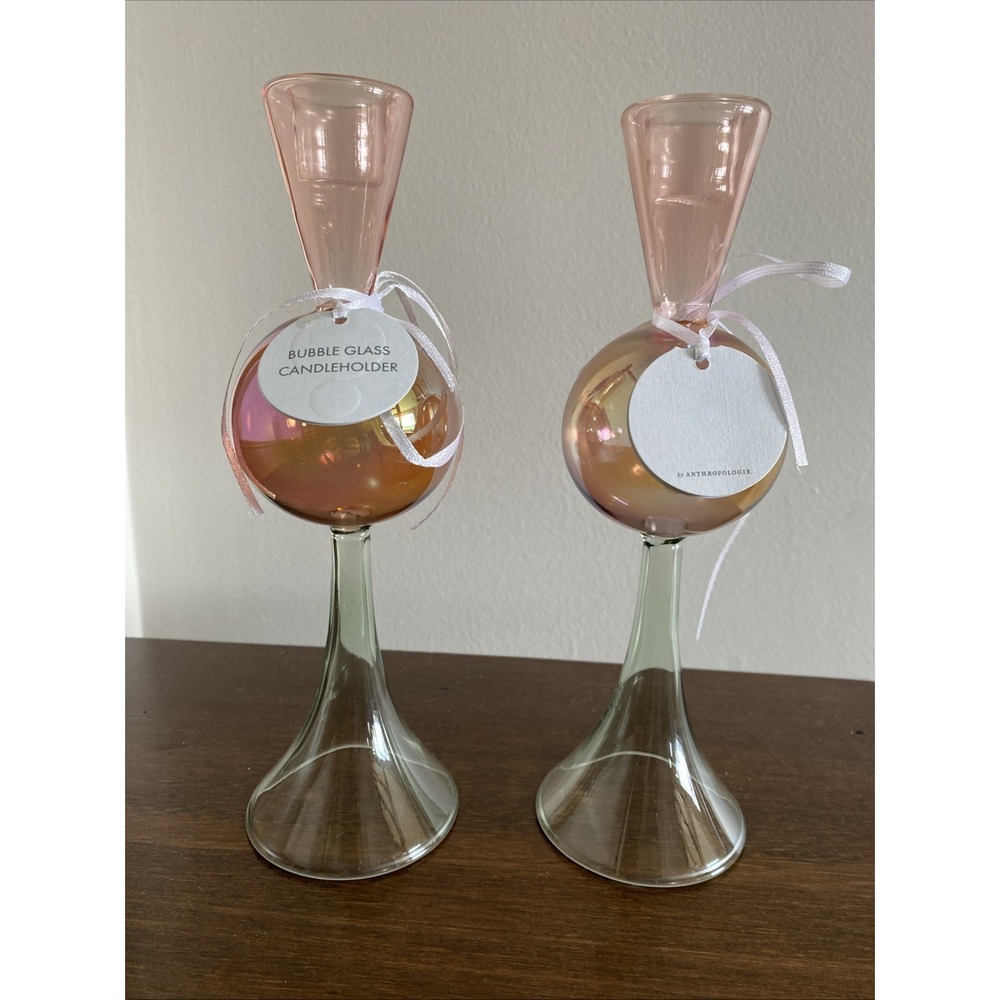 Anthropologie Mona Borosilicate Glass Candle Holder New Set Of 2 Large 8.5”